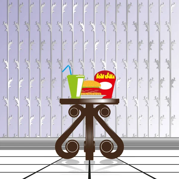Dineren samenstelling op een decoratieve tafel, tegen de achtergrond van behang met decoratieve weven. Vectorillustratie. — Stockvector