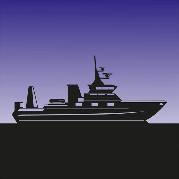 Silhouette eines Seeschiffs vor dem Hintergrund des Abendhimmels. Vektorillustration. — Stockvektor
