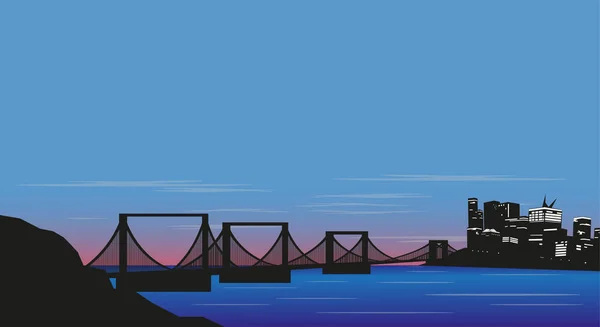夕方の都市、橋と海峡に沈む夕日。ベクトル図. — ストックベクタ