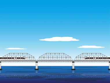 Two high-speed trains on the railway bridge. Vector illustration. clipart