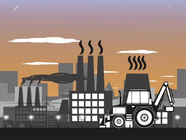 Tractor en el fondo del distrito industrial de la ciudad. Ilustración vectorial . — Archivo Imágenes Vectoriales