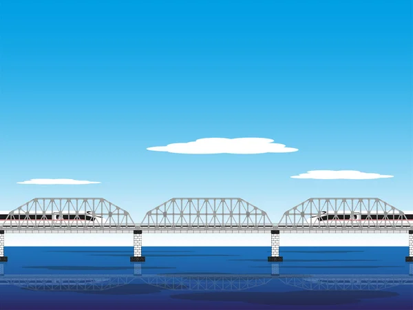 Zwei Hochgeschwindigkeitszüge auf der Eisenbahnbrücke. Vektorillustration. — Stockvektor