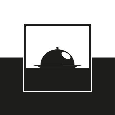 Yemeğin bir kapak ile örtülü. Vektör simge siyah beyaz formunda.