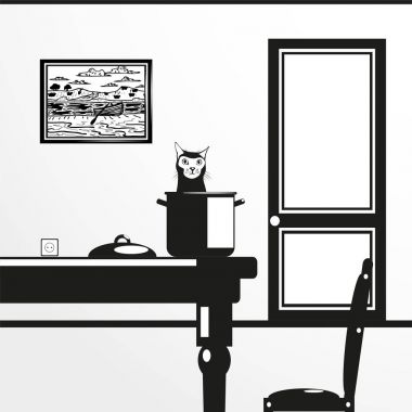 Bir tablo üzerinde bir pot duran bir bakıyorum bir kedi. Siyah ve beyaz tarzı vektör çizim.