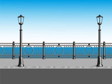 Bir çit ve lampposts denize sıfır çıkabilir. Vektör çizim.