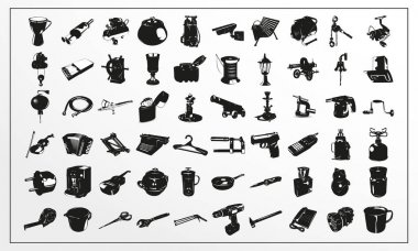 Siyah ve Beyaz Tema günlük nesneler üzerinde vektör simge kümesi.