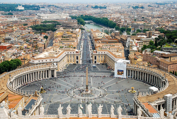 Aerial view of the buildings and streets from the roof point of The Papal Basilica of St. Peter in Vatican city, Italy