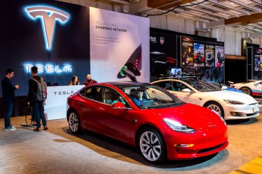 15 Şubat 2018. Toronto, Kanada: Tesla araba sunum sırasında 2018 Kanada Uluslararası otomatik gösterme (Şubat 15-25) üzerinde Metro Toronto Kongre Merkezi