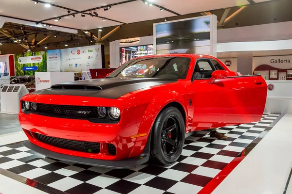 15 Şubat 2018. Toronto, Kanada: 2018 sunumunu Dodge Challenger Srt iblis araba 2018 Kanada Uluslararası otomatik gösterme (Şubat 15-25) üzerinde Metro Toronto kongre merkezi sırasında