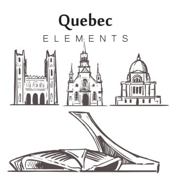 El çizimi Quebec binaları, elementler çizim vektör çizimi.