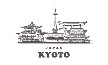Kyoto Skyline 'ı çiziyor. Kyoto, Japonya elle çizilmiş vektör çizimi.