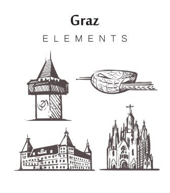 Set of hand-drawn Graz buildings, elements sketch vector illustration. clipart