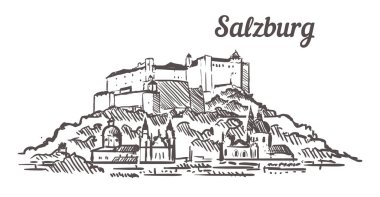 Salzburg Kalesi skeci. Salzburg el çizimi illüstrasyon. Boyalı sanatsal manzara.