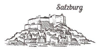 Salzburg Fortress sketch. Salzburg hand drawn illustration. Painted artistic landscape. clipart