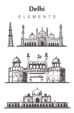 El çizimi Delhi binaları, elementler vektör çizimi.