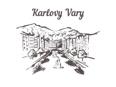 Karlovy-Vary siluet çizimi. Karlovy Vary çizilmiş el çizimi izole edilmiş.