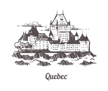 Quebec Chateau Frontenac skeci. Quebec el çizimi resimleme izole.