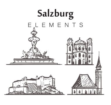 El çizimi Salzburg binaları, elementler çizim vektör çizimi.