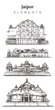 El çizimi Jaipur binaları, elementler çizim vektör çizimi.