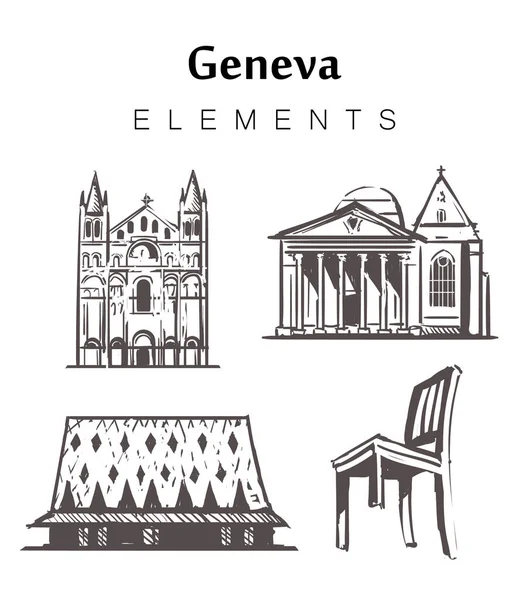 Ensemble de bâtiments genevois dessinés à la main, éléments croquis vectoriel illustration . — Image vectorielle