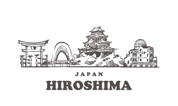 Hiroshima skiss skyline. Hiroshima, Japan handritad vektor illustration. — Stock vektor