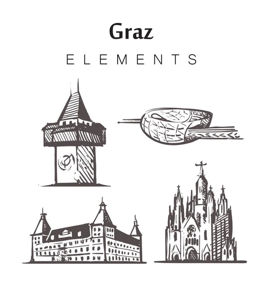 Set of hand-drawn Graz buildings, elements sketch vector illustration. — Stock Vector