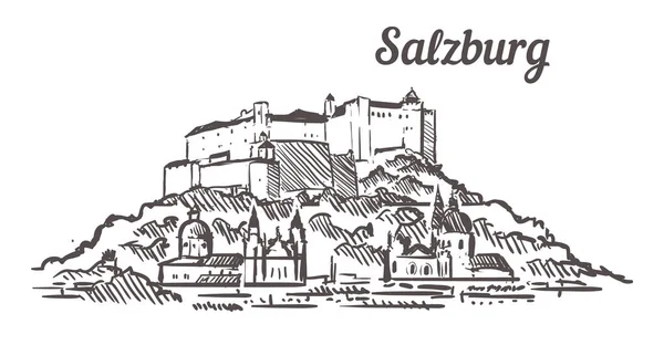 Bosquejo de la fortaleza de Salzburgo. Salzburgo ilustración dibujada a mano. Paisaje artístico pintado . — Vector de stock