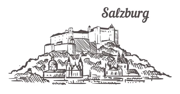 Salzburg Kalesi skeci. Salzburg el çizimi illüstrasyon. Boyalı sanatsal manzara.