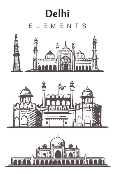 Set di edifici Delhi disegnati a mano, elementi schizzo vettoriale illustrazione . — Vettoriale Stock