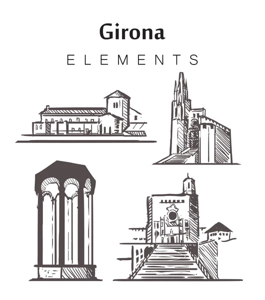 Σύνολο ζωγραφισμένων στο χέρι κτιρίων Girona, εικονογράφηση διανυσμάτων στοιχείων. — Διανυσματικό Αρχείο