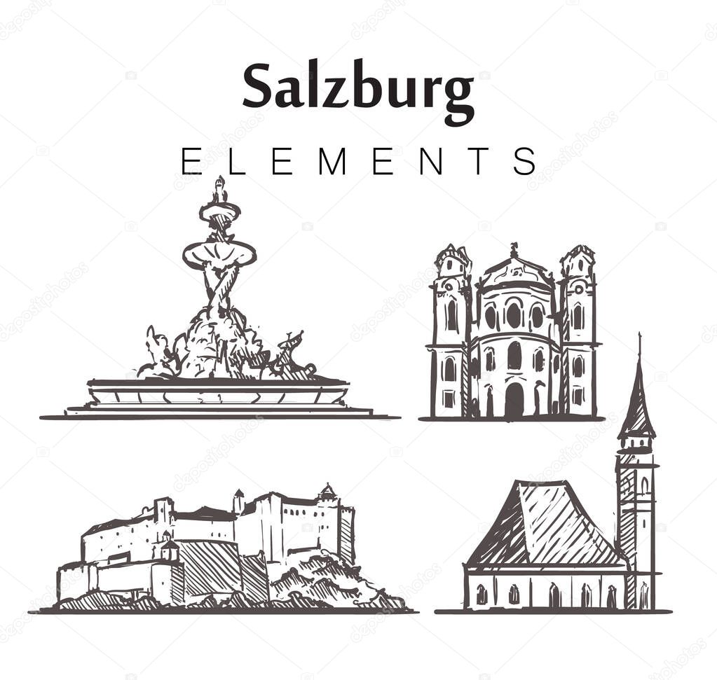 Set of hand-drawn Salzburg buildings, elements sketch vector illustration.