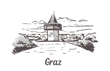 Graz Skyline skeci. Graz el çizimi çizimi izole edilmiş.
