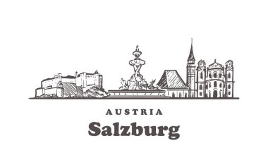 Salzburg silueti çizimi. Salzburg, Avusturya elle çizilmiş vektör çizimi. Boyalı sanatsal manzara.