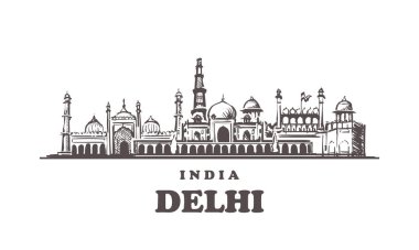 Delhi siluetini çiz. Delhi, Hindistan elle çizilmiş vektör çizimi.