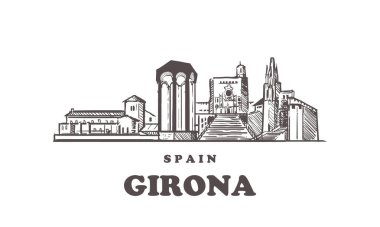 Girona, Skyline 'ı çiz. Girona, İspanya elle çizilmiş vektör çizimi.