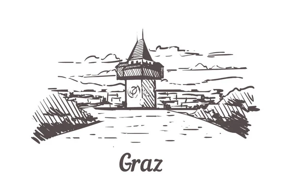 Esbozo del horizonte de Graz. Graz ilustración dibujada a mano aislada . — Vector de stock