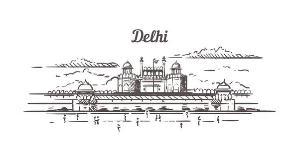 Esbozo del fuerte rojo de Delhi. Delhi ilustración dibujada a mano aislado . — Vector de stock