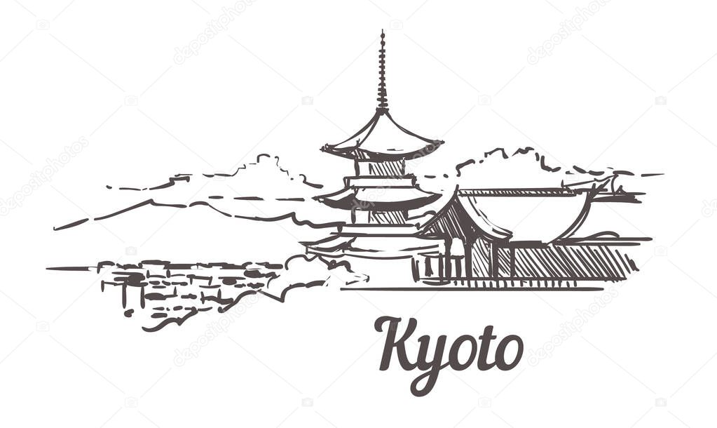 Kyoto skyline sketch. Kyoto hand drawn illustration.