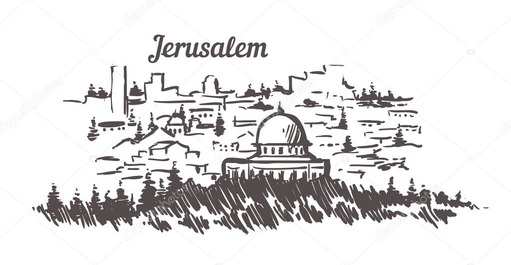 Jerusalem skyline sketch. Jerusalem hand drawn illustration.