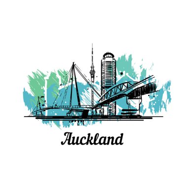 Tek sıra halinde Auckland silueti. Basit modern minimalist biçim vektörü.