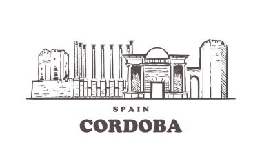 Cordoba Skyline 'ı çiziyor. Cordoba, İspanya elle çizilmiş vektör çizimi.