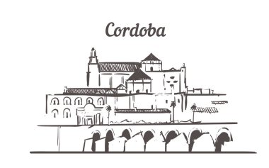 Cordoba Skyline skeci. Cordoba el çizimi illüstrasyon