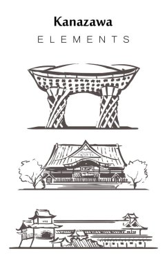 El çizimi Kanazawa binaları, elementler çizim vektörü