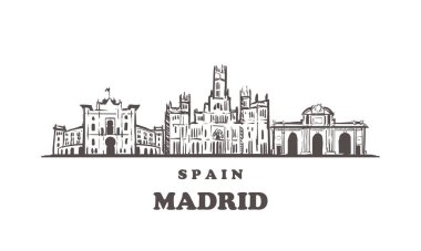 Madrid silueti çizimi. İspanya ve Madrid el çizimi vektör illüstrasyonu.