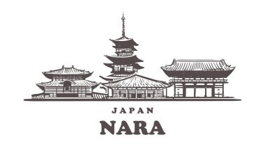 Nara, Skyline 'ı çiz. Nara, Japonya elle çizilmiş vektör çizimi.