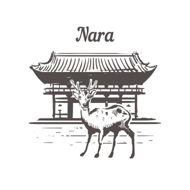 Nara Skyline skeci. Nara el çizimi resimleme üzerinde izole