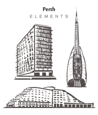 Elle çizilmiş Perth binaları, elementler çizim vektörü