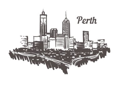 Perth Skyline skeci. Perth çizilmiş illüstrasyon üzerinde izole