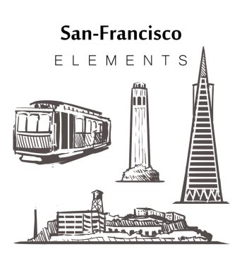 Set of hand-drawn San-Francisco buildings, elements sketch vector illustration. clipart