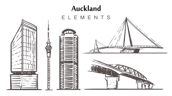 Set van met de hand getekende Auckland gebouwen, elementen schets — Stockvector